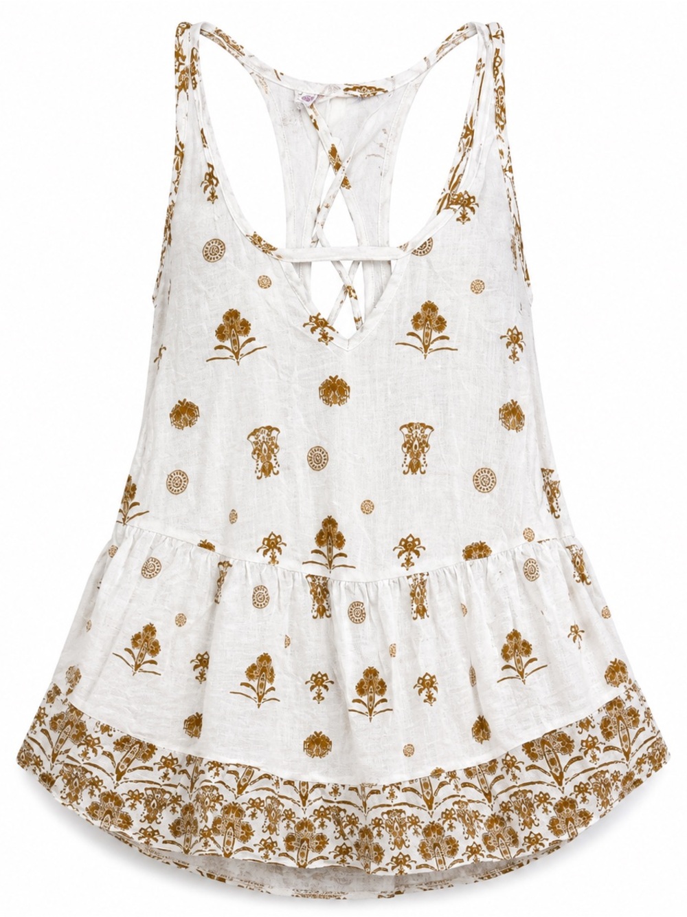 Free People Ivory Gold Floral Babydoll Swing Tank Tunic Boho Festival S